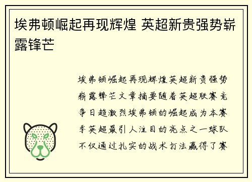 埃弗顿崛起再现辉煌 英超新贵强势崭露锋芒